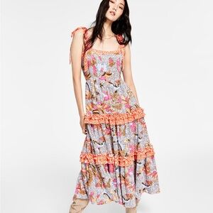 INC Floral Mixed Print Tiered Ruffle Maxi Dress with Orange Accents. Size Small